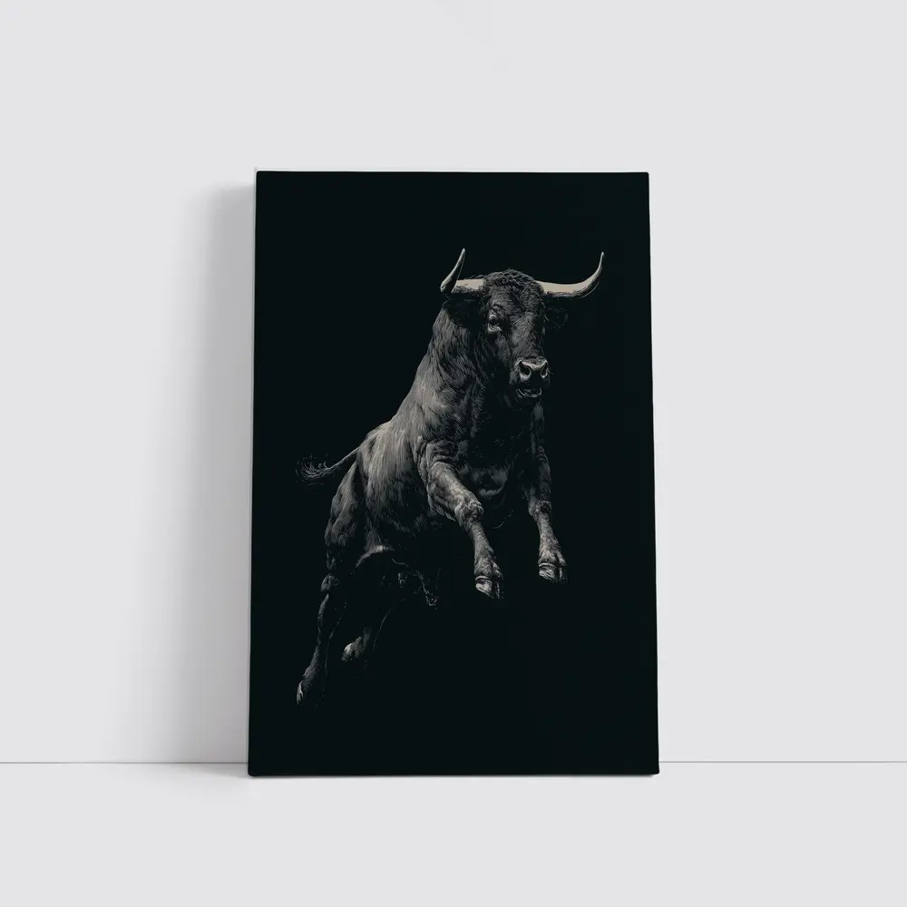 Charging Bull Black Background Scratchboard Art – Wall Art