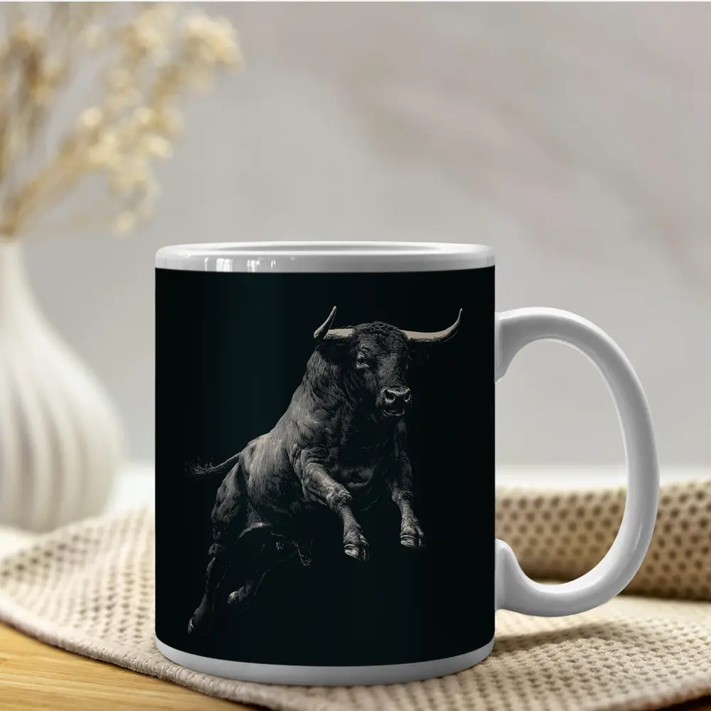 Charging Bull Black Background Scratchboard Art – Mugs