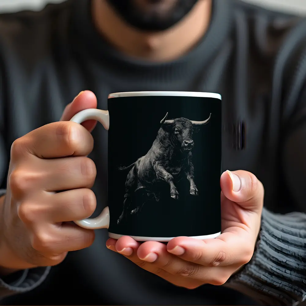 Charging Bull Black Background Scratchboard Art – Mugs