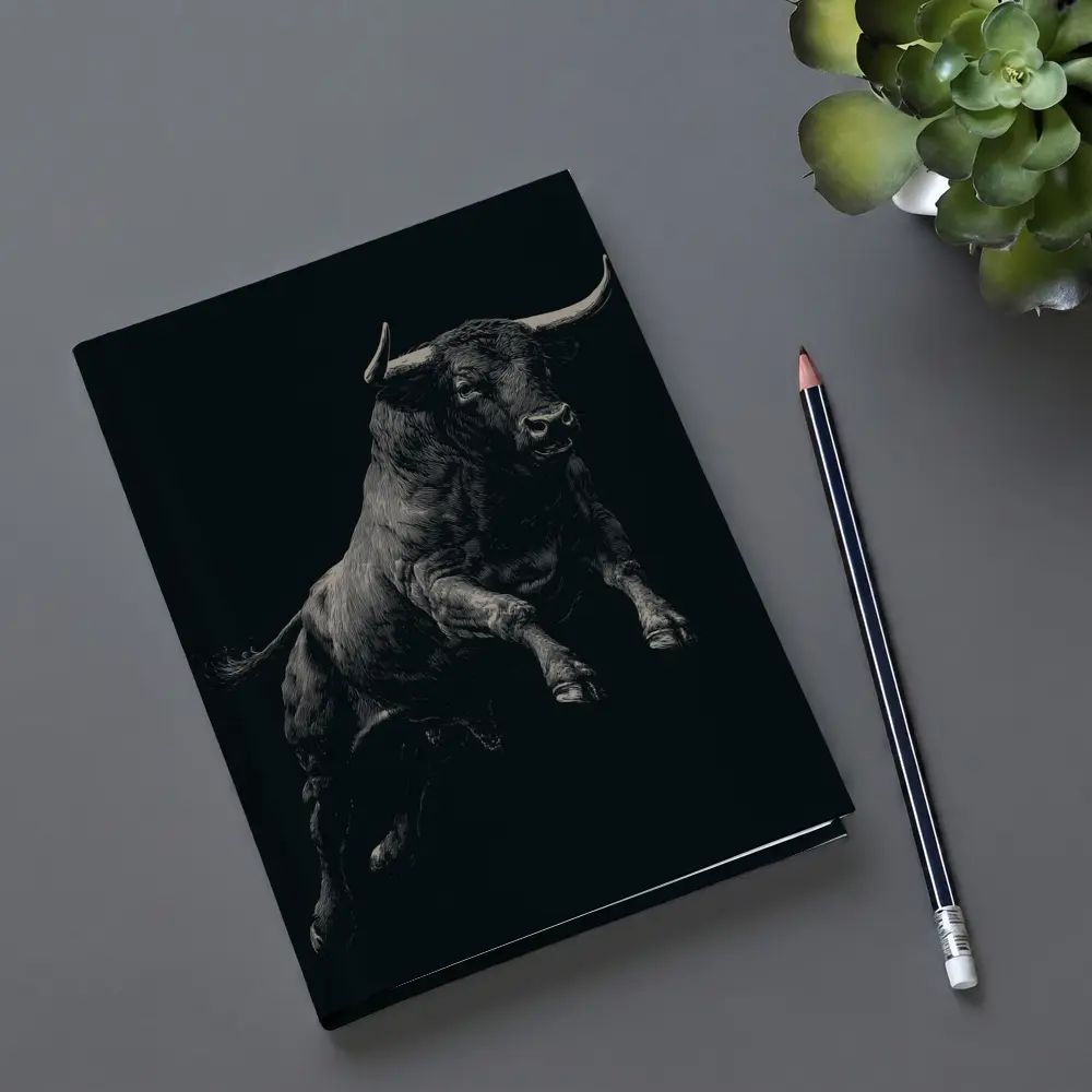 Charging Bull Black Background Scratchboard Art – Notebooks