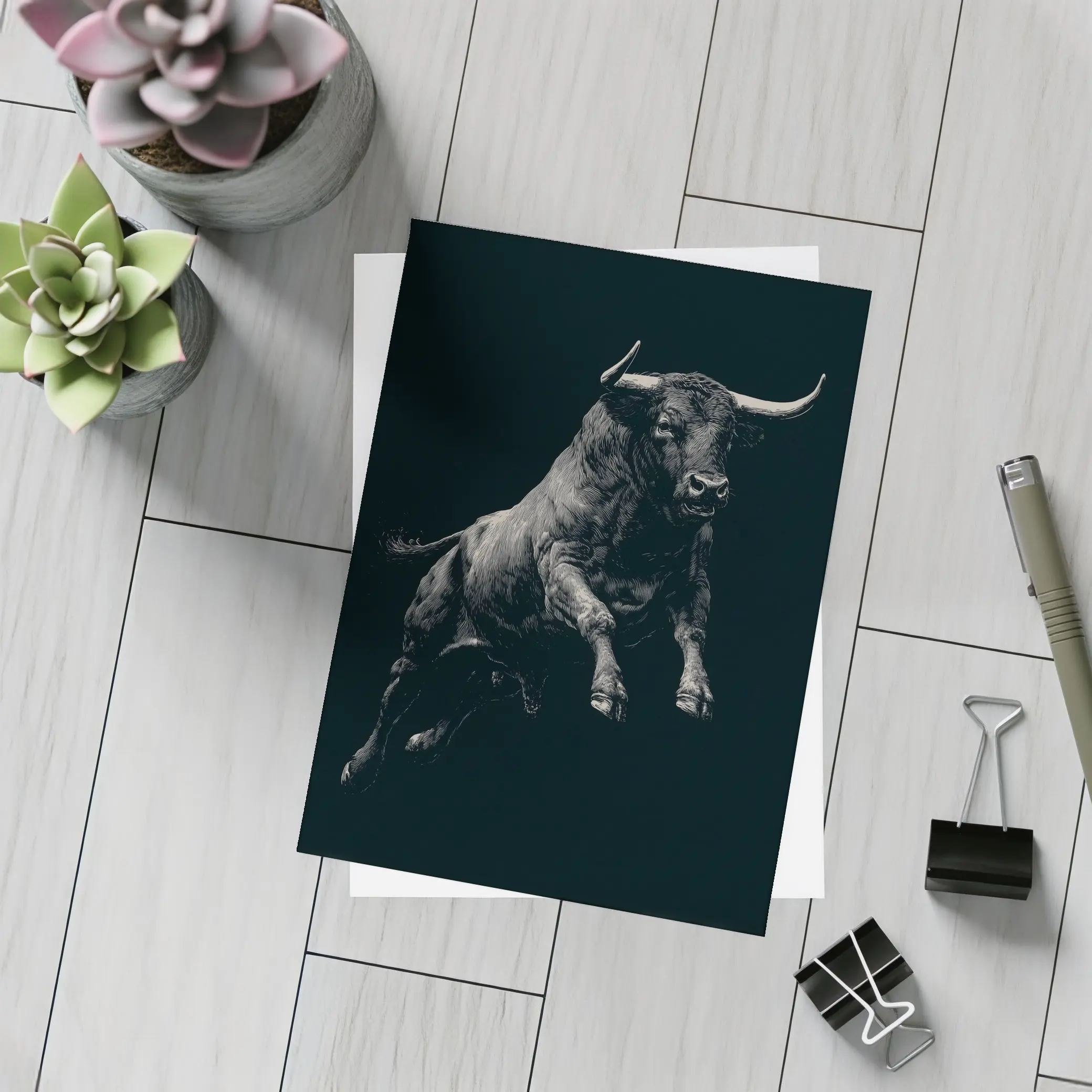 Charging Bull Black Background Scratchboard Art – Postcards