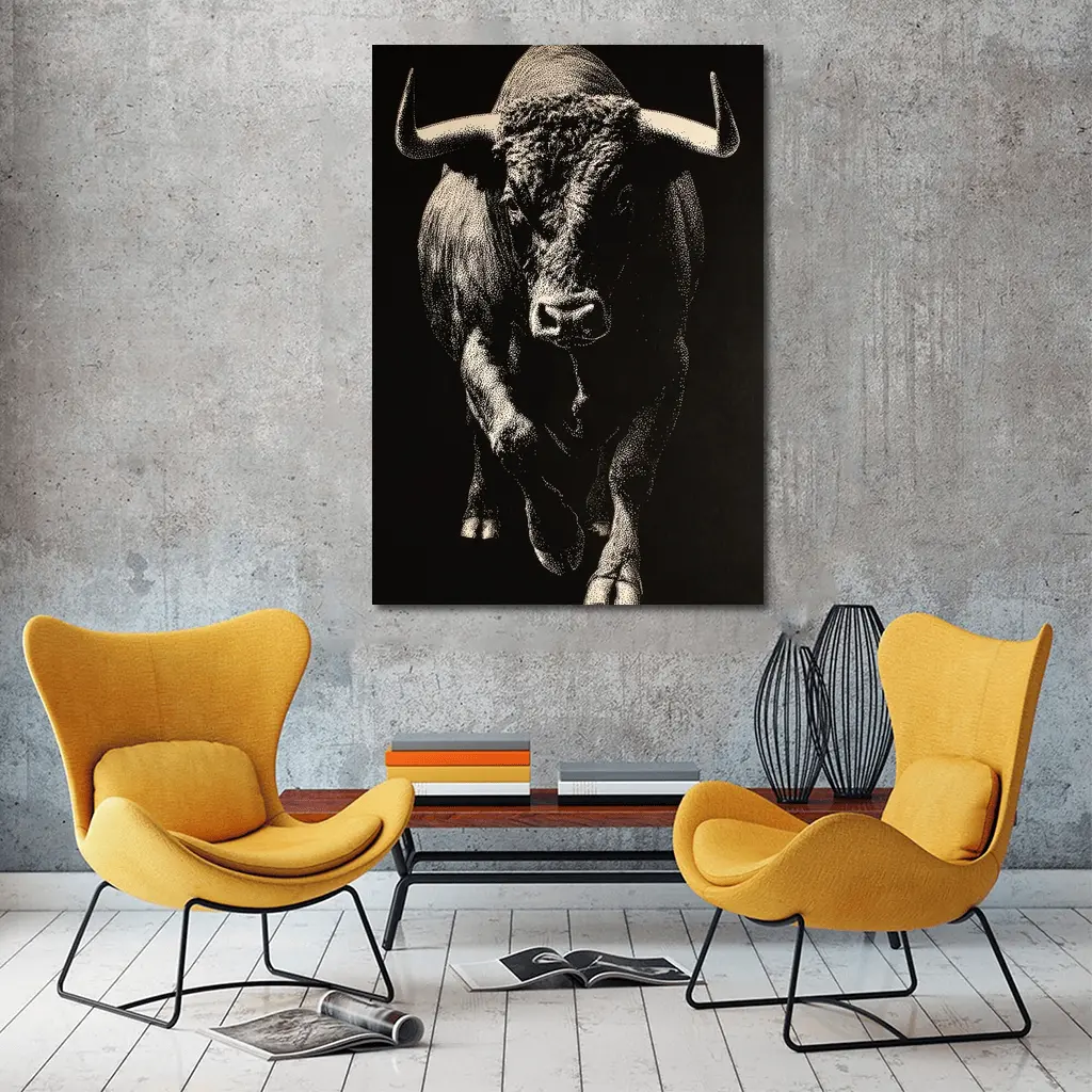 Bull Charging Forward Black Background Scratchboard Art – Wall Art