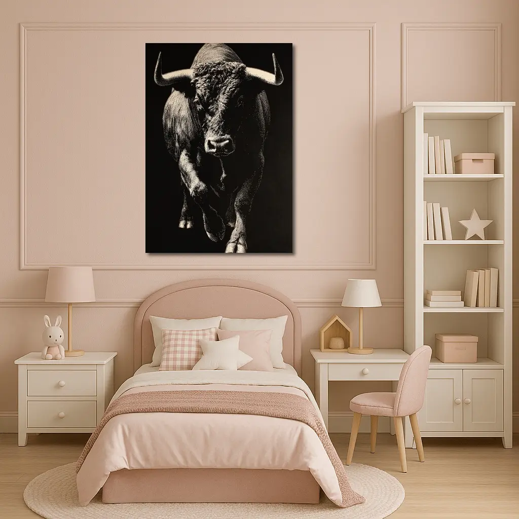Bull Charging Forward Black Background Scratchboard Art – Wall Art