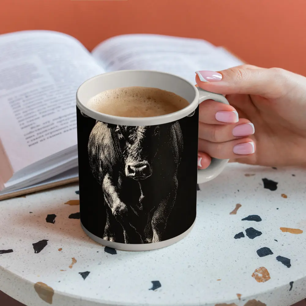 Bull Charging Forward Black Background Scratchboard Art – Mugs