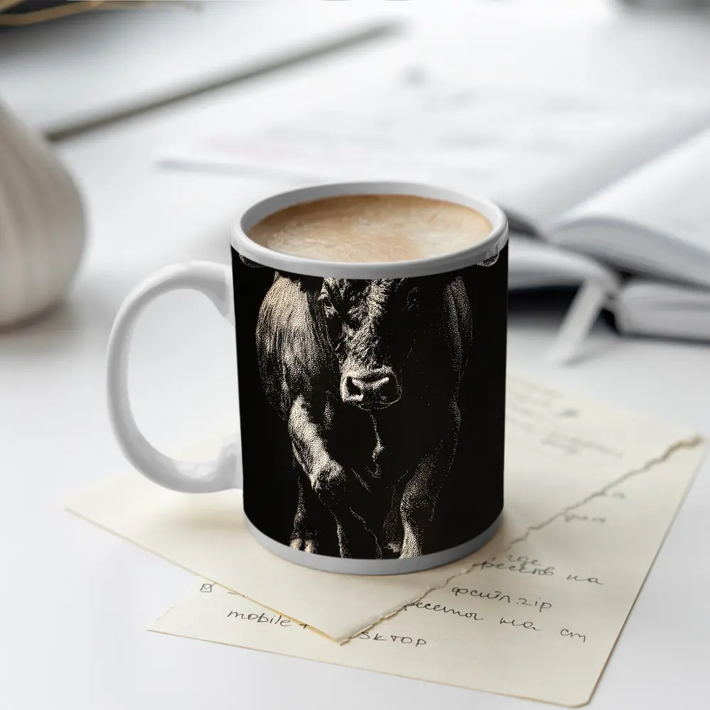 Bull Charging Forward Black Background Scratchboard Art – Mugs