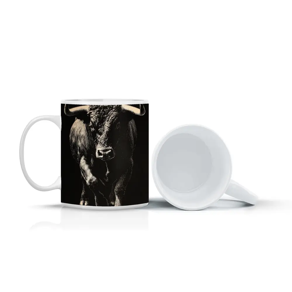 Bull Charging Forward Black Background Scratchboard Art – Mugs
