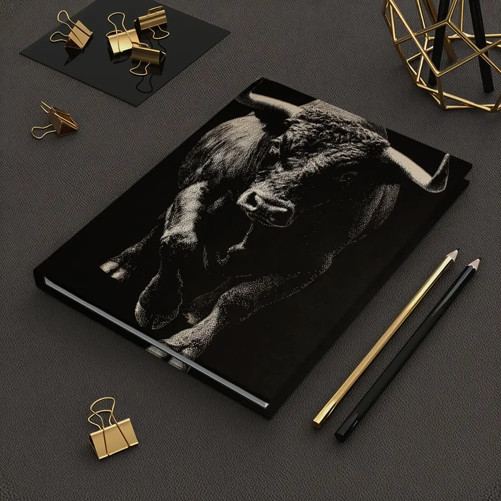 Bull Charging Forward Black Background Scratchboard Art – Notebooks