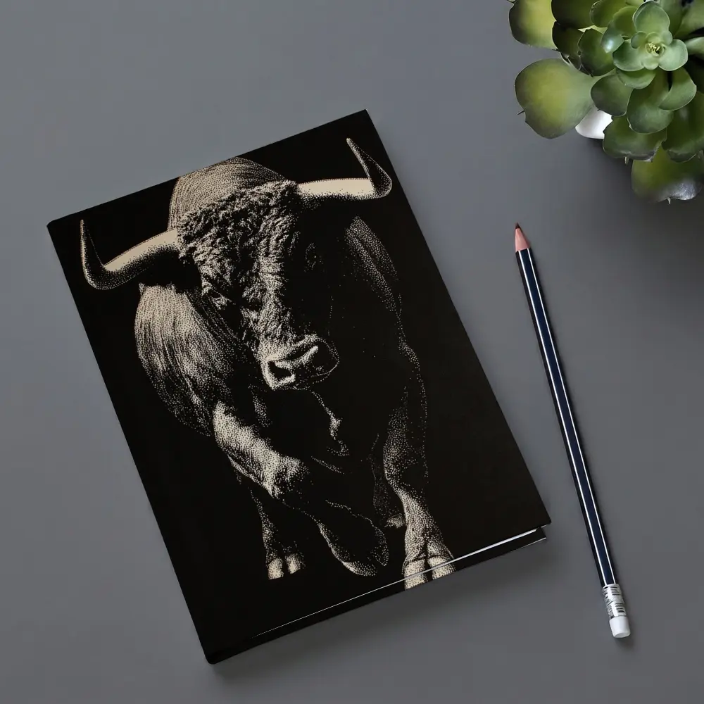 Bull Charging Forward Black Background Scratchboard Art – Notebooks