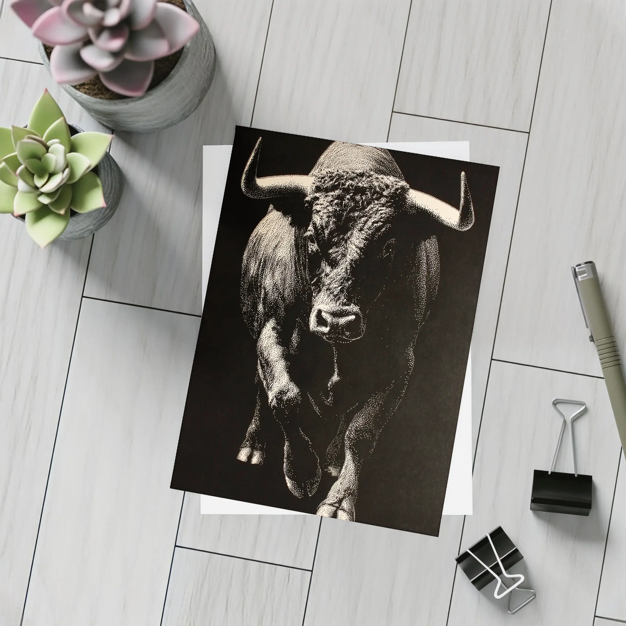 Bull Charging Forward Black Background Scratchboard Art – Postcards