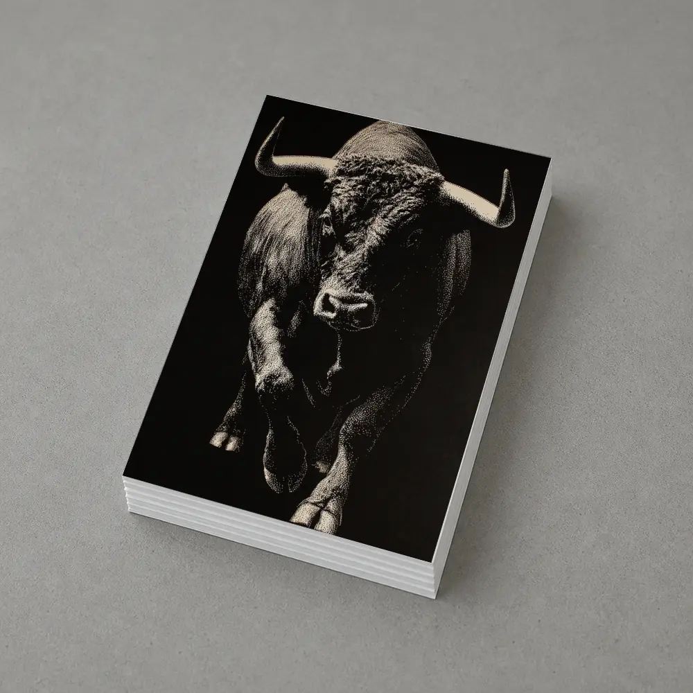 Bull Charging Forward Black Background Scratchboard Art – Postcards