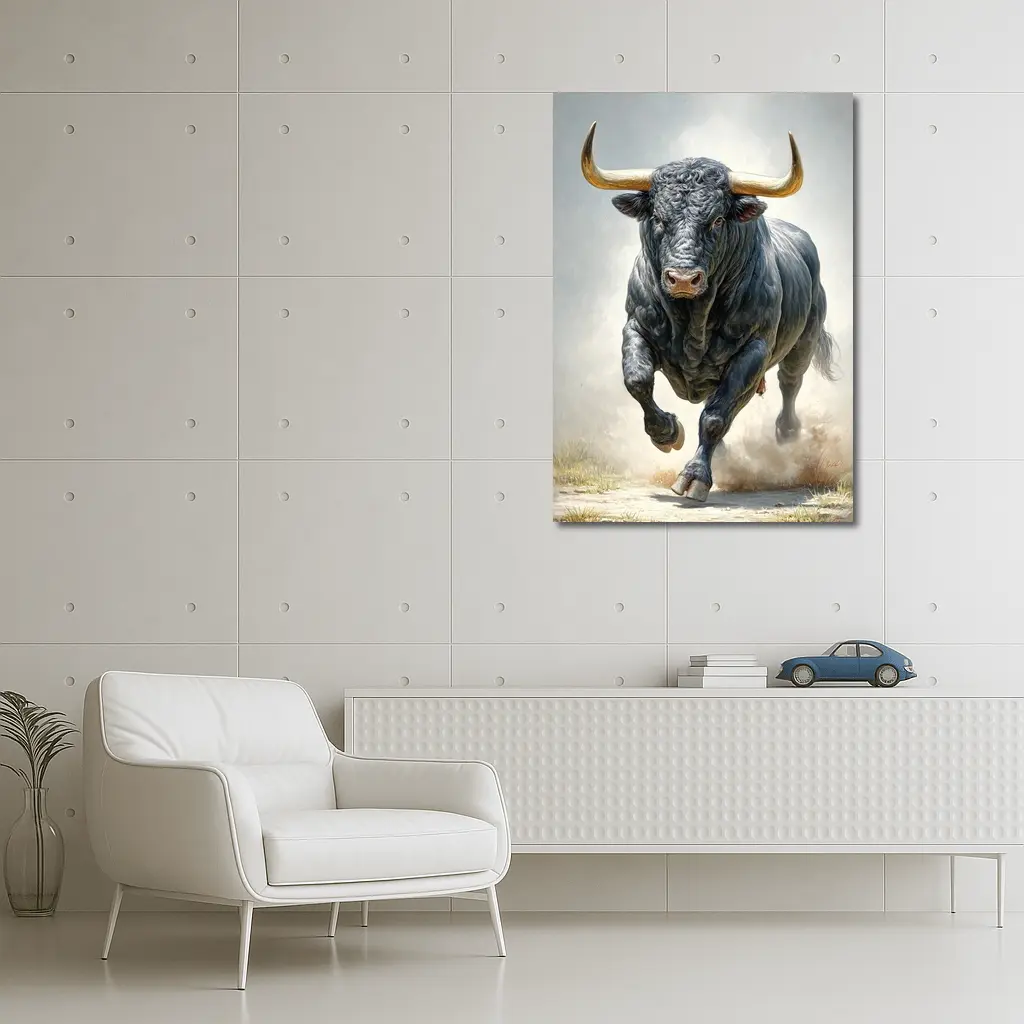 Black Bull Charging Dust Oil Painting Art – Wall Art