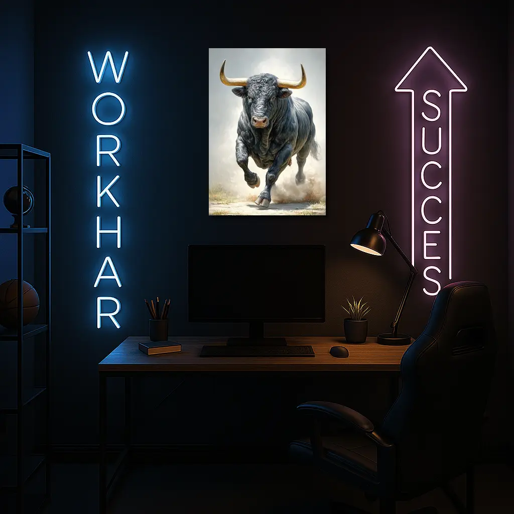 Black Bull Charging Dust Oil Painting Art – Wall Art