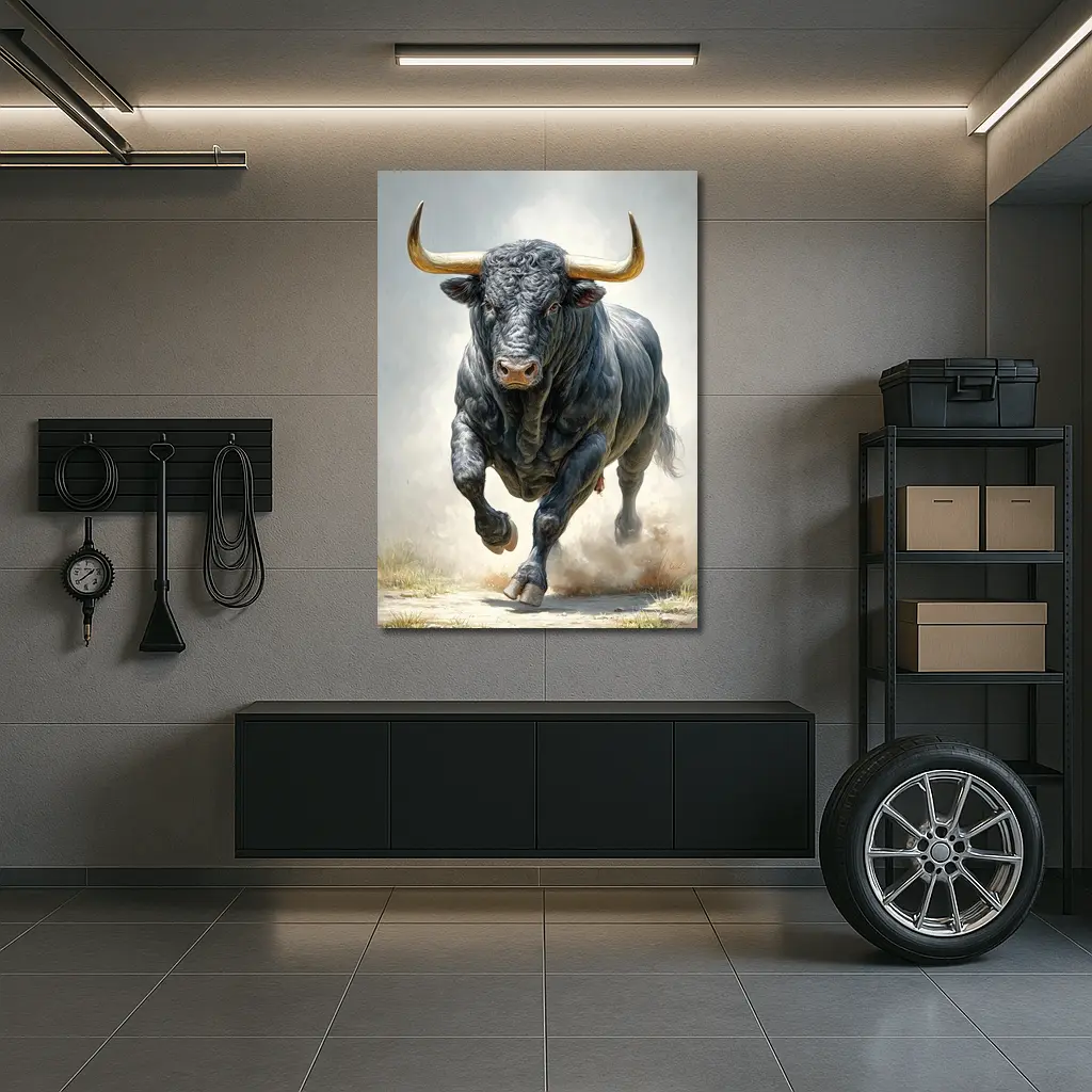 Black Bull Charging Dust Oil Painting Art – Wall Art