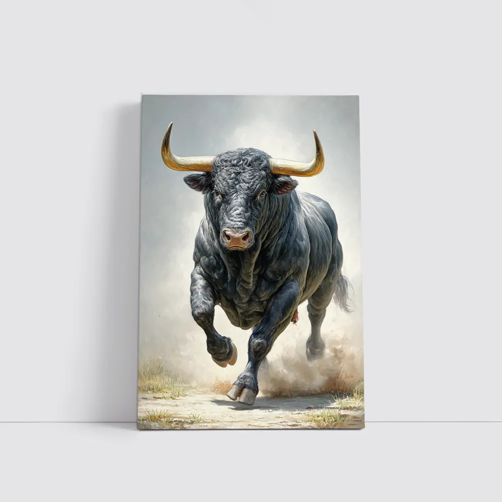 Black Bull Charging Dust Oil Painting Art – Wall Art