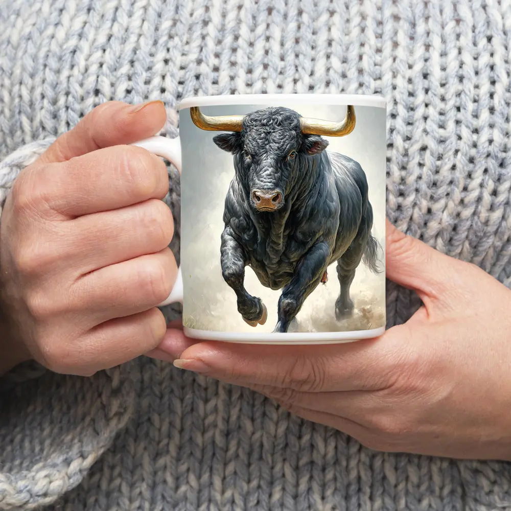 Black Bull Charging Dust Oil Painting Art – Mugs