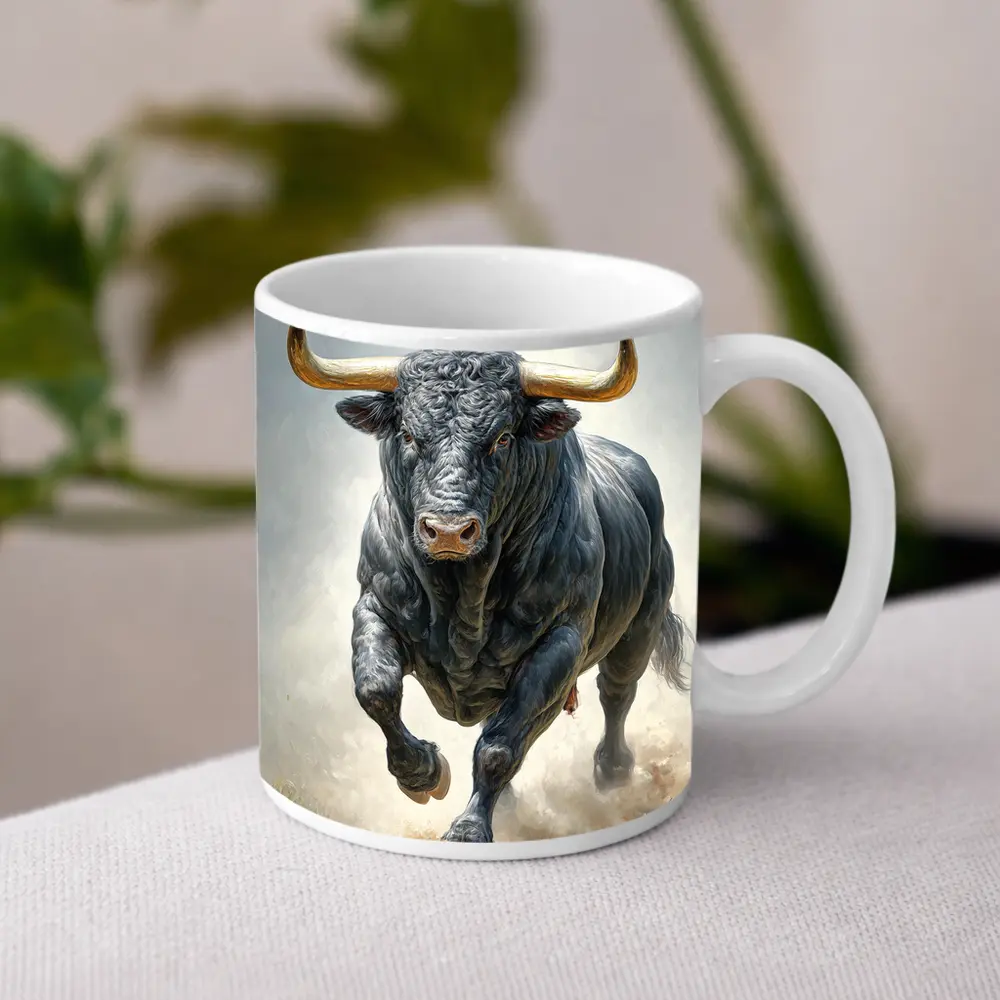 Black Bull Charging Dust Oil Painting Art – Mugs