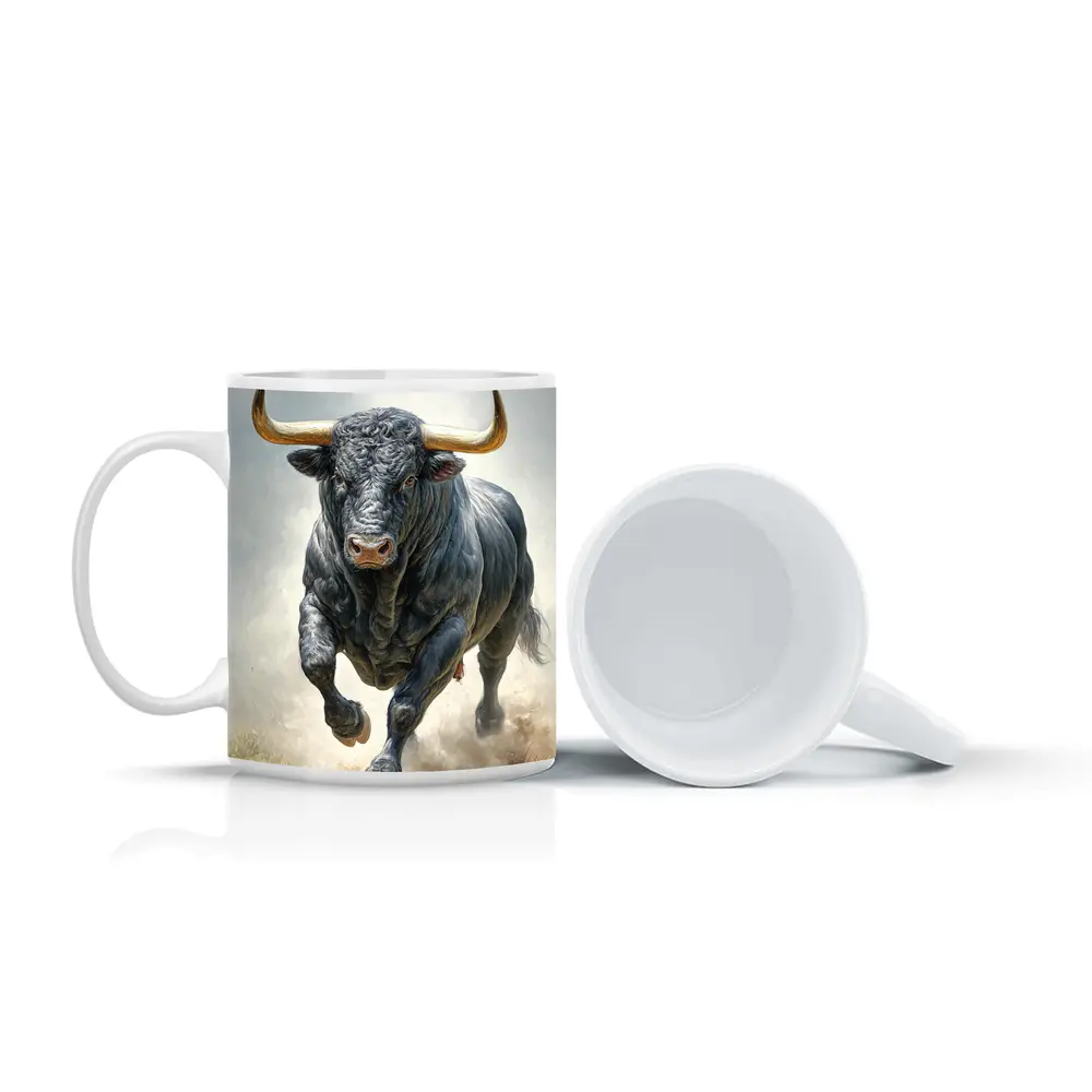 Black Bull Charging Dust Oil Painting Art – Mugs