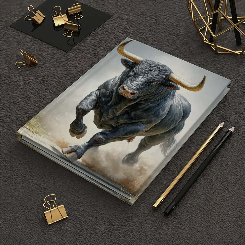 Black Bull Charging Dust Oil Painting Art – Notebooks