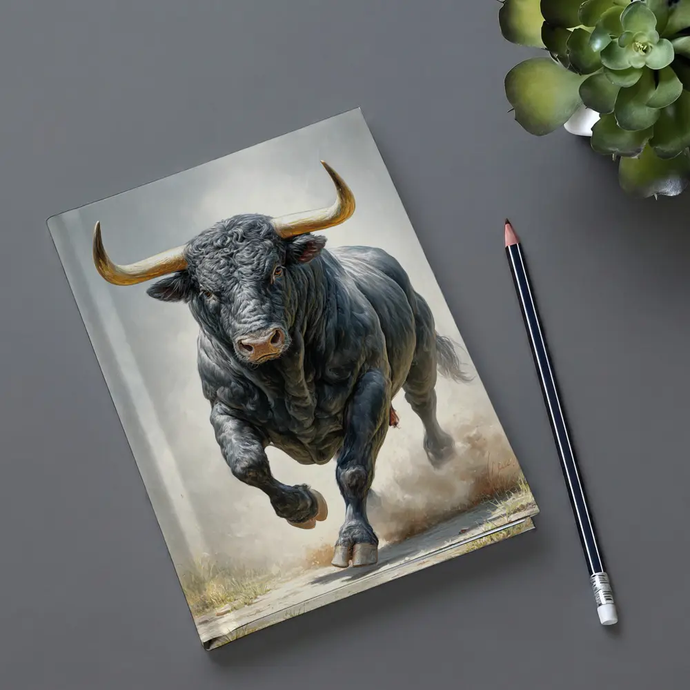 Black Bull Charging Dust Oil Painting Art – Notebooks