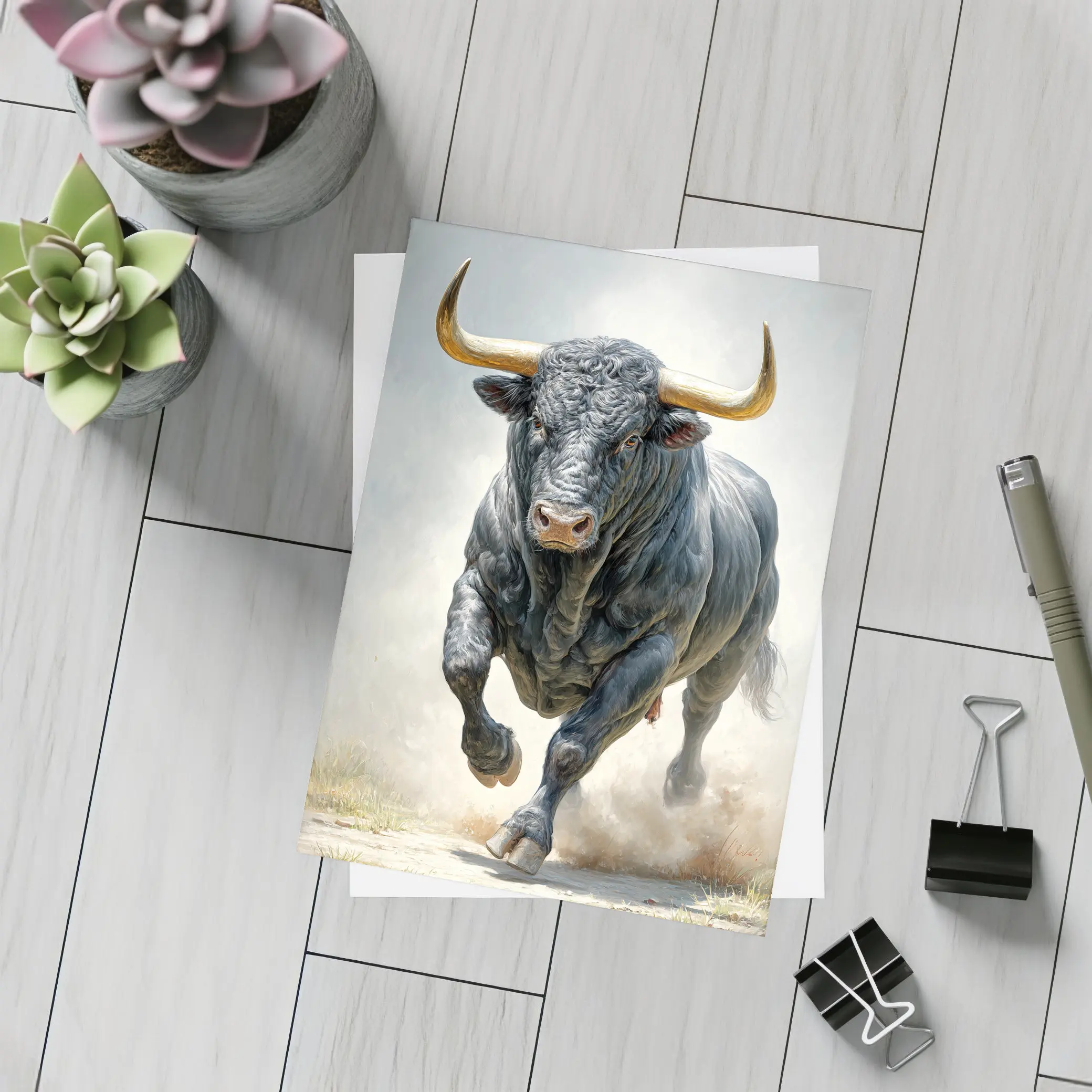 Black Bull Charging Dust Oil Painting Art – Postcards