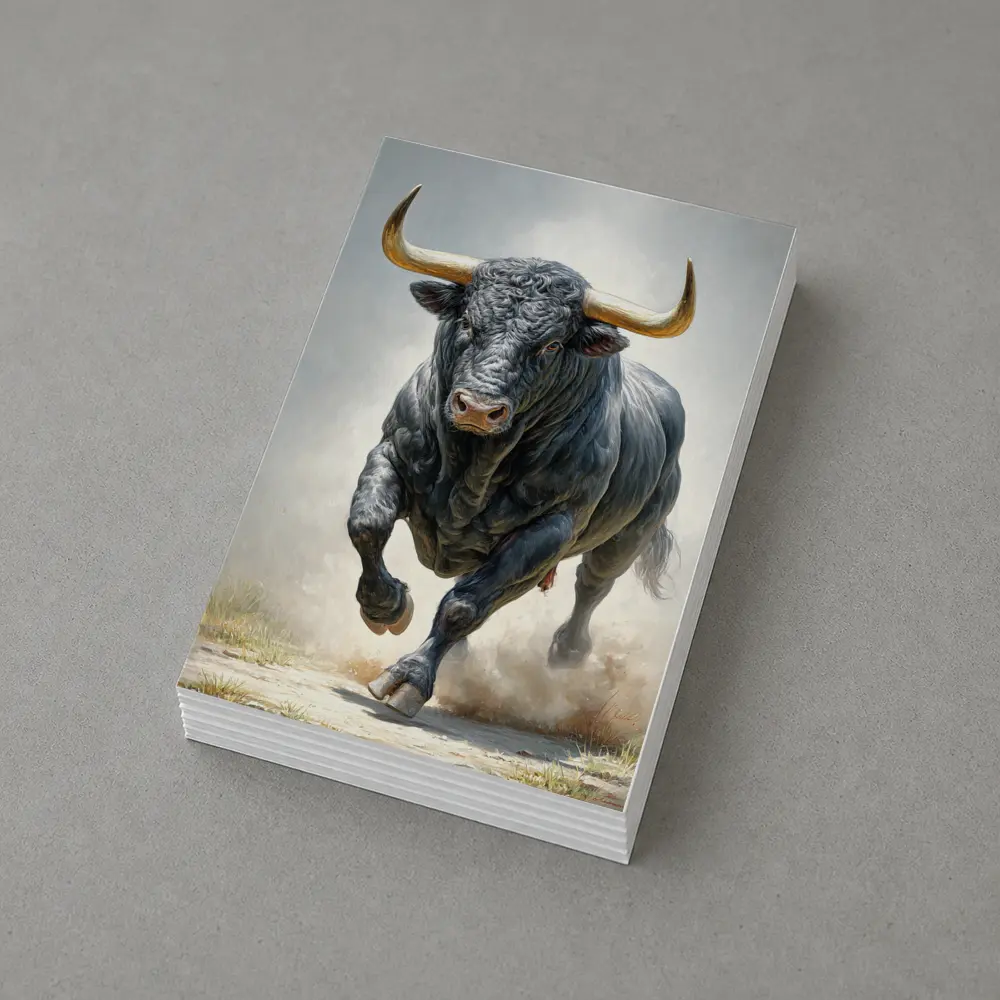 Black Bull Charging Dust Oil Painting Art – Postcards