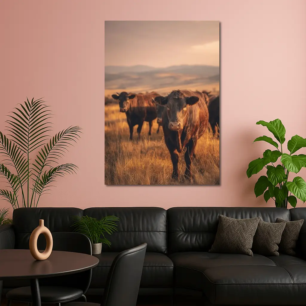 Angus Cattle Grazing Golden Dry Grassland – Wall Art
