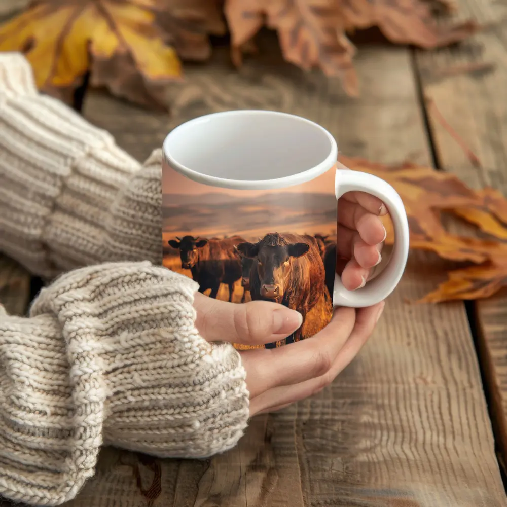 Angus Cattle Grazing Golden Dry Grassland – Mugs