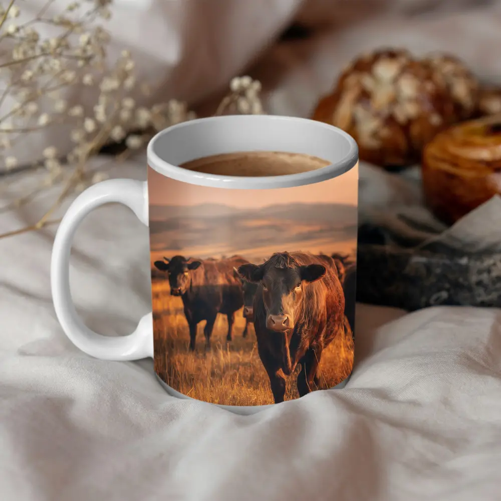 Angus Cattle Grazing Golden Dry Grassland – Mugs
