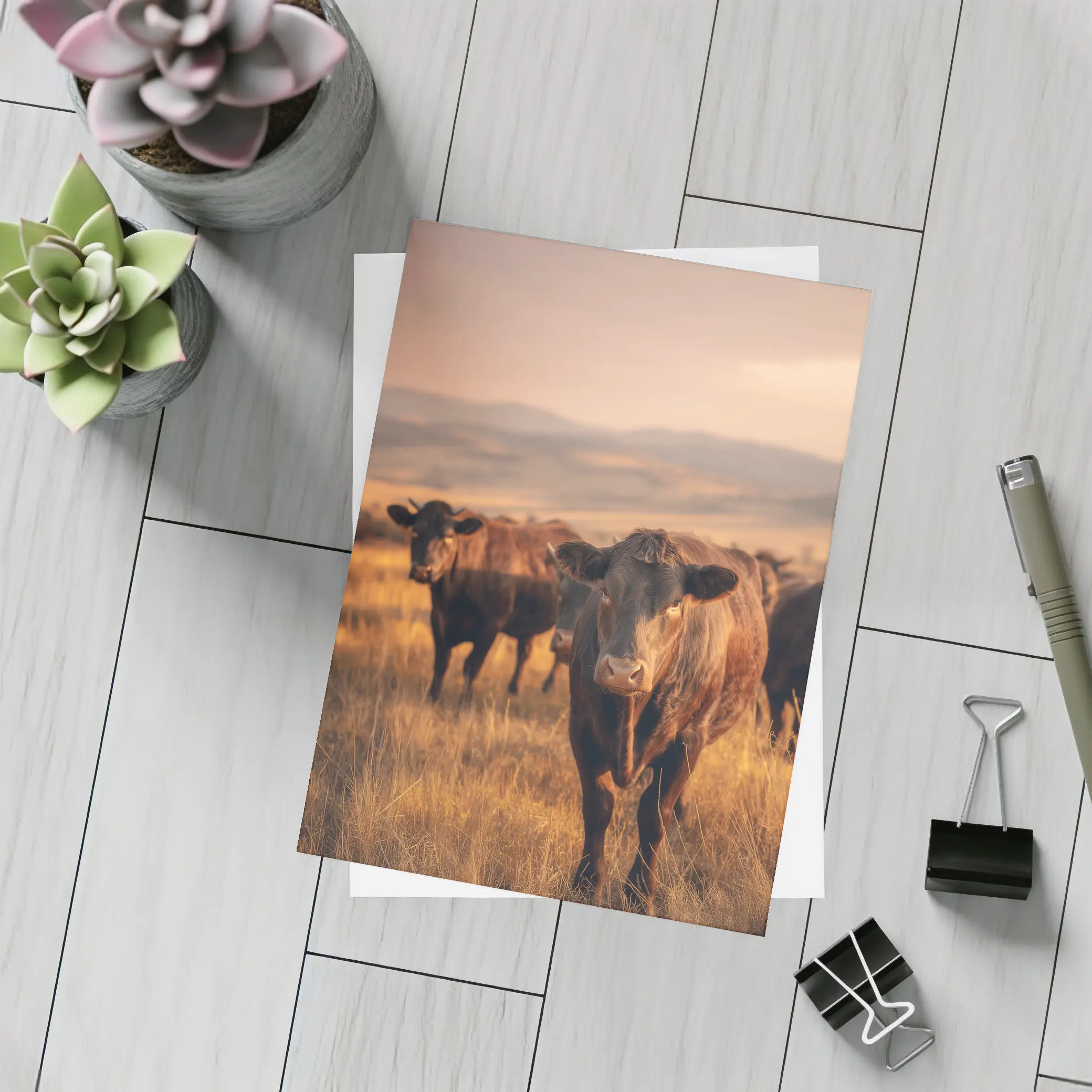 Angus Cattle Grazing Golden Dry Grassland – Postcards