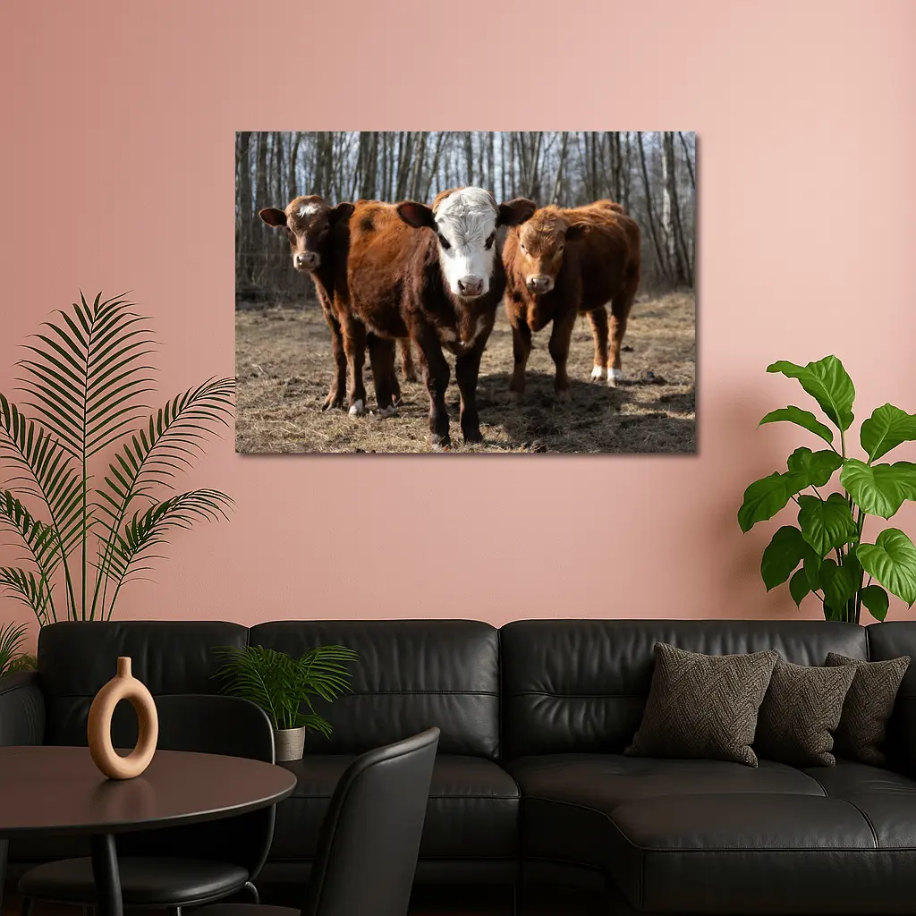 Hereford Calves Standing in Bare Field – Wall Art