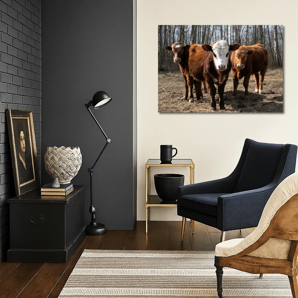 Hereford Calves Standing in Bare Field – Wall Art