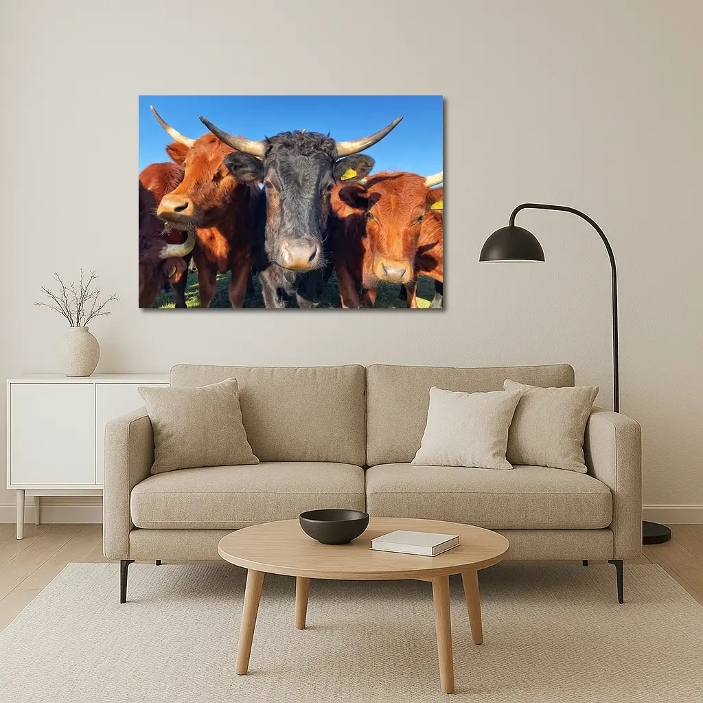 Longhorn Cattle Close Up Blue Sky – Wall Art