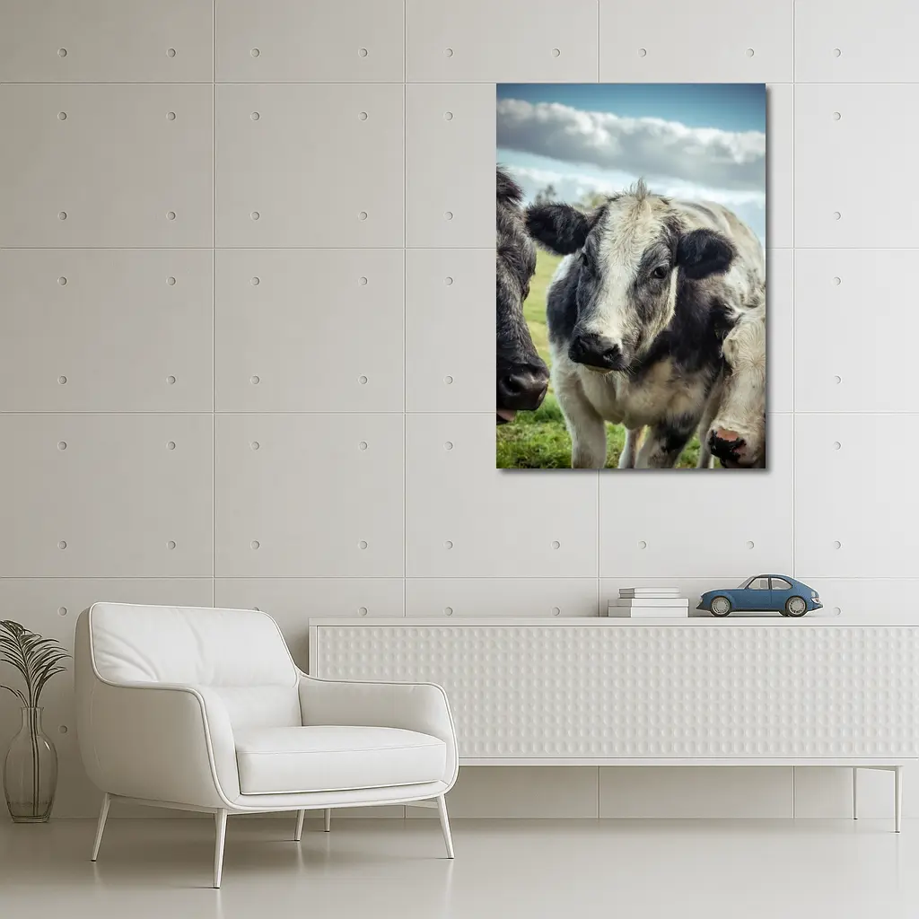 Black White Cow Close Up Green Field – Wall Art