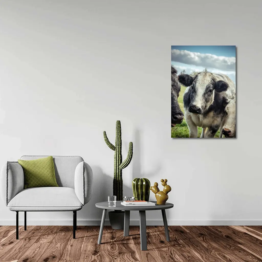 Black White Cow Close Up Green Field – Wall Art