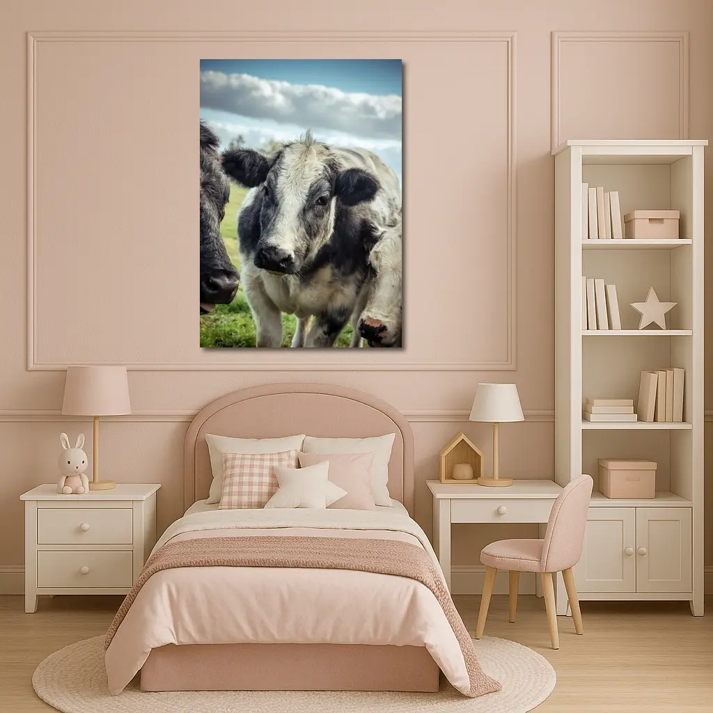 Black White Cow Close Up Green Field – Wall Art