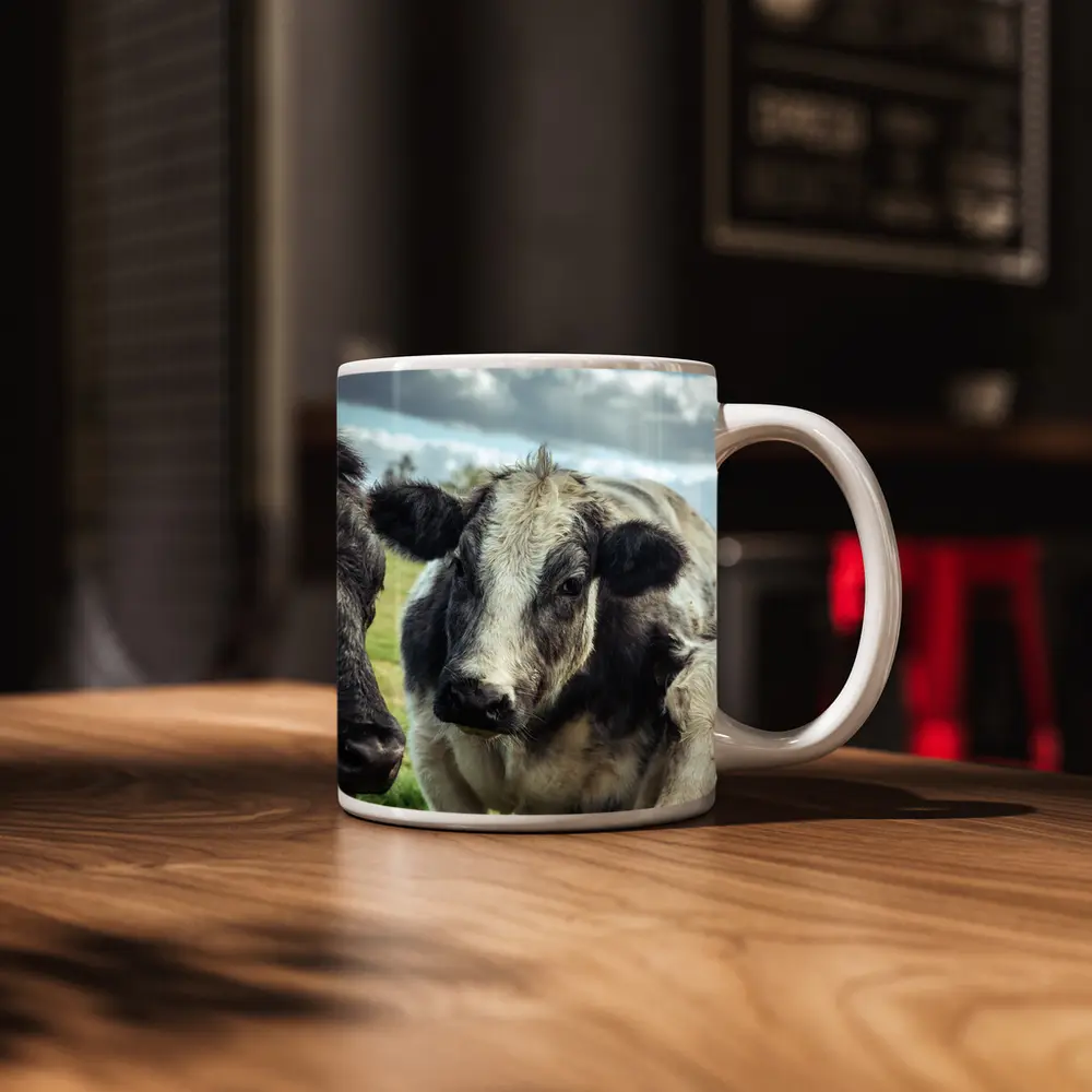 Black White Cow Close Up Green Field – Mugs