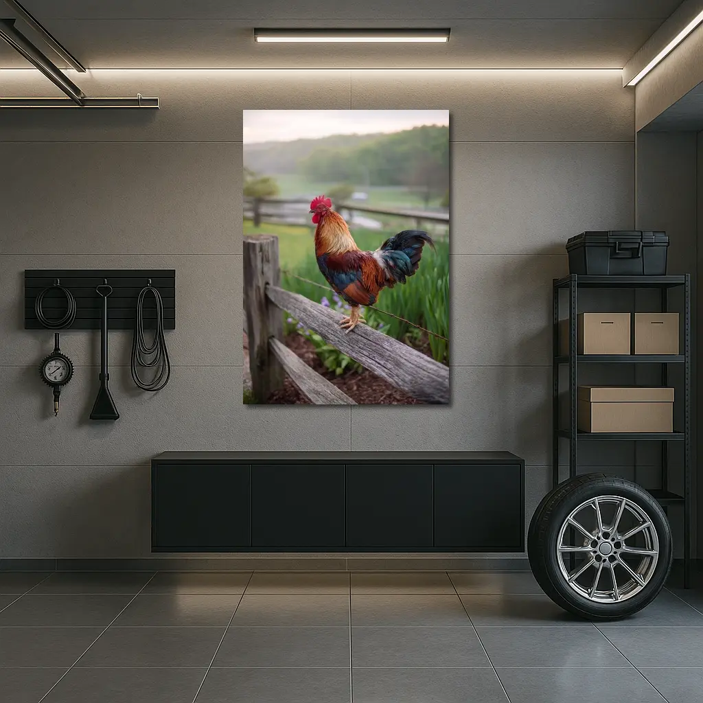Rooster Perched On Wooden Fence Farm – Wall Art