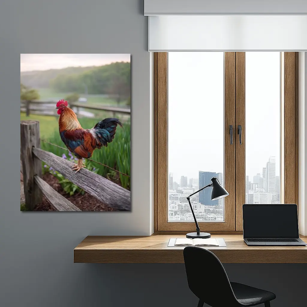 Rooster Perched On Wooden Fence Farm – Wall Art