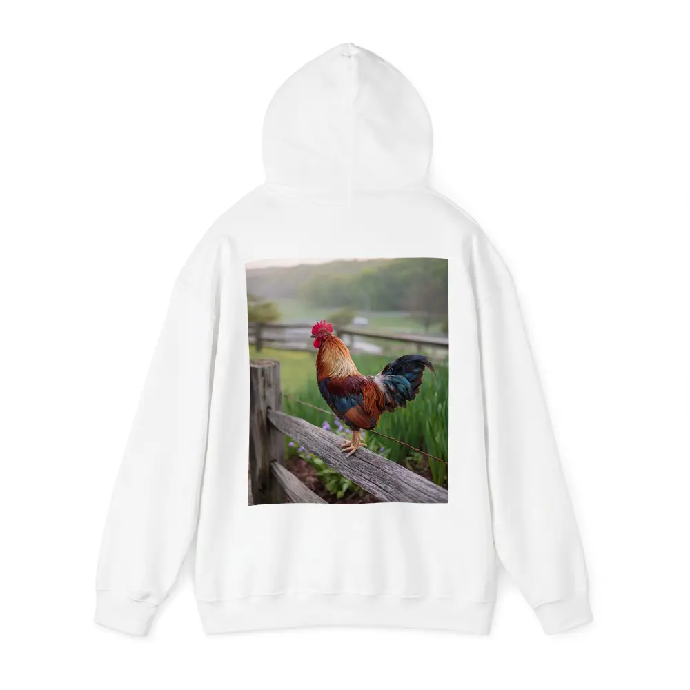 Rooster Perched On Wooden Fence Farm – Hoodies
