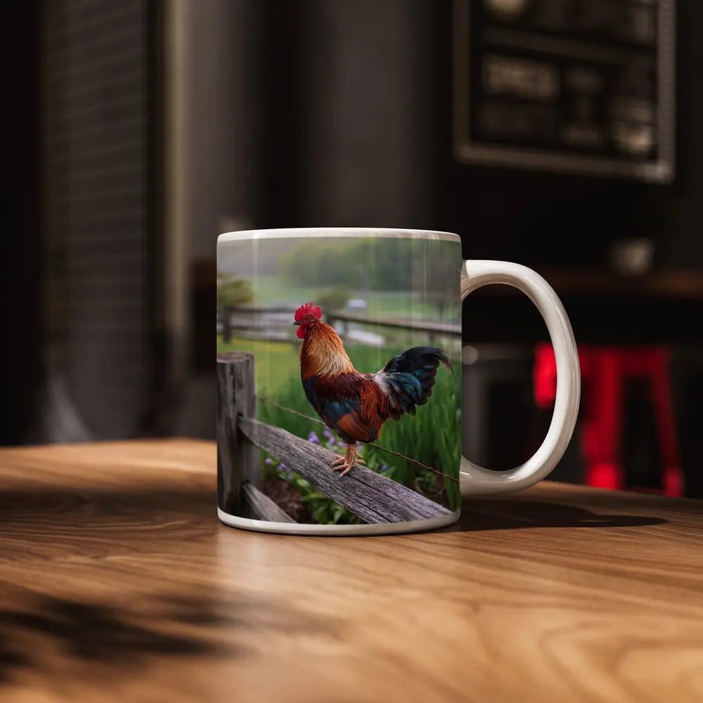 Rooster Perched On Wooden Fence Farm – Mugs