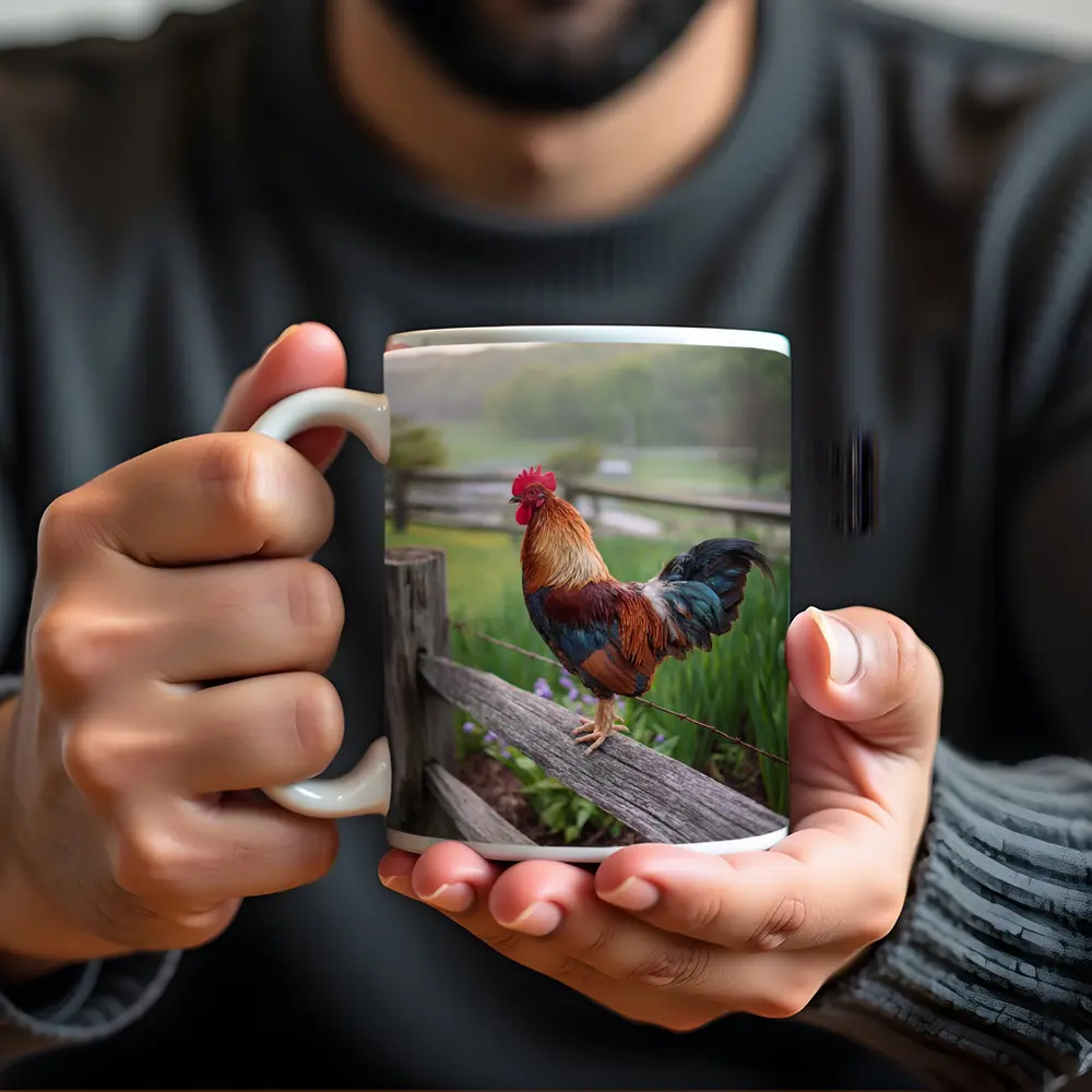 Rooster Perched On Wooden Fence Farm – Mugs