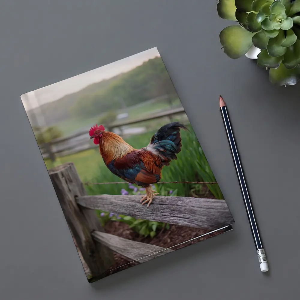 Rooster Perched On Wooden Fence Farm – Notebooks