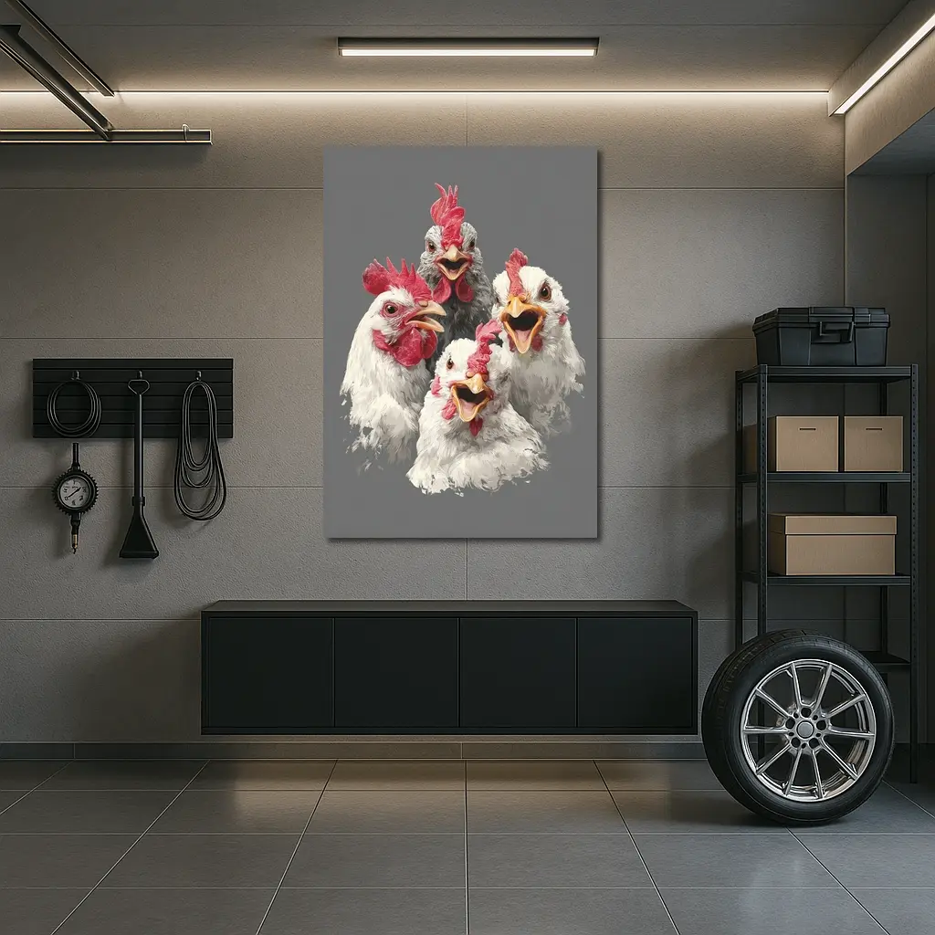 Four Expressive Chickens Portrait Gray Background – Wall Art
