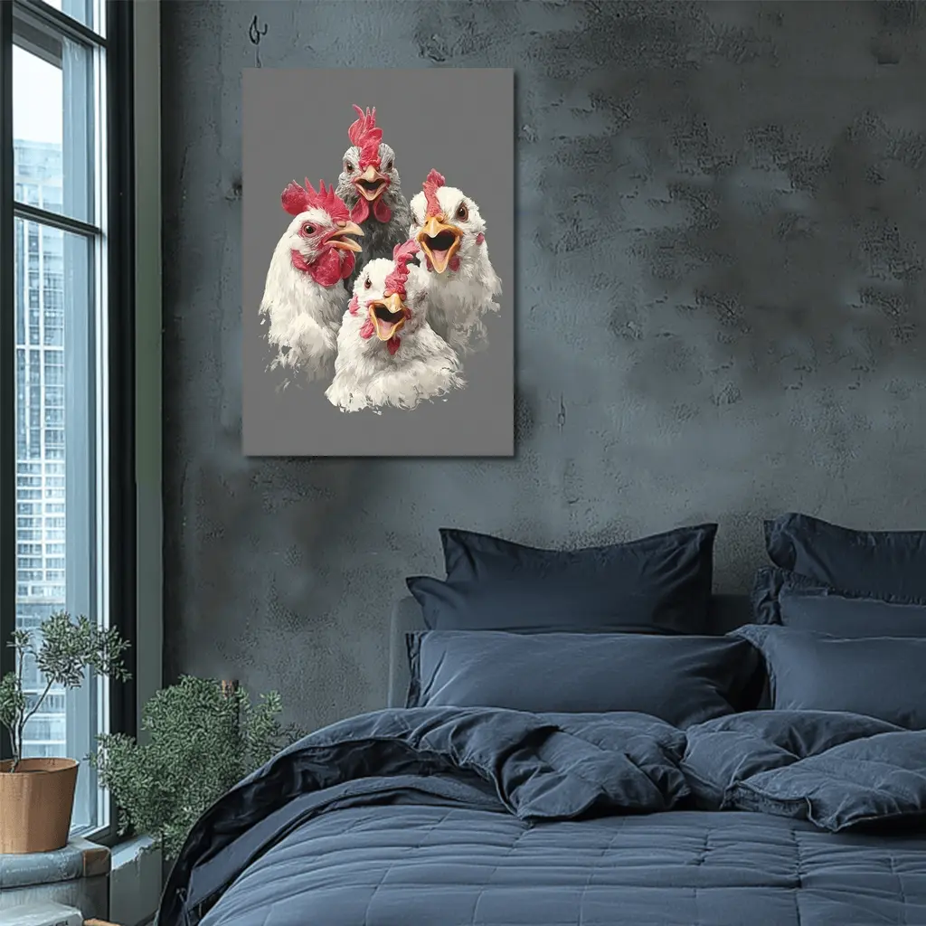 Four Expressive Chickens Portrait Gray Background – Wall Art