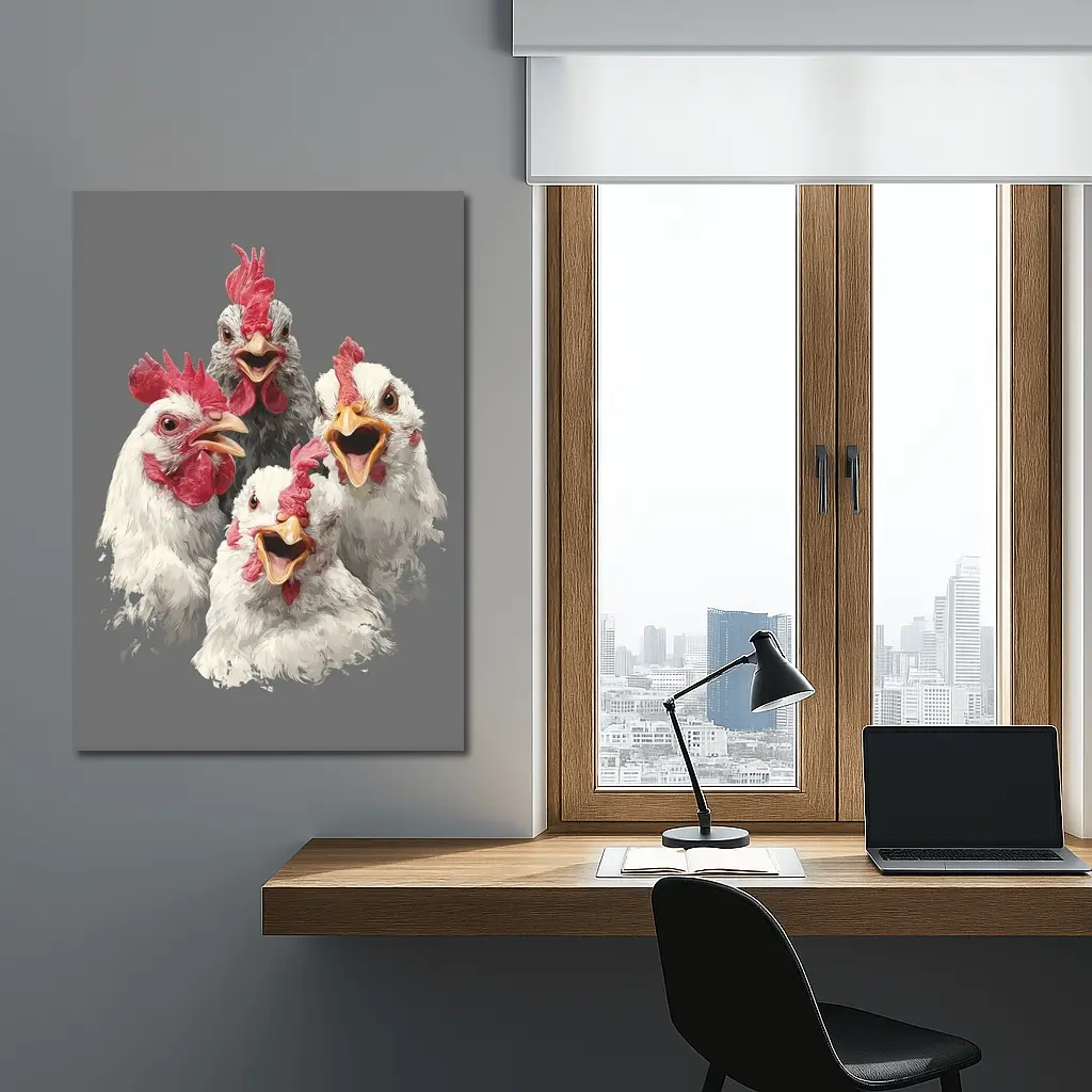Four Expressive Chickens Portrait Gray Background – Wall Art