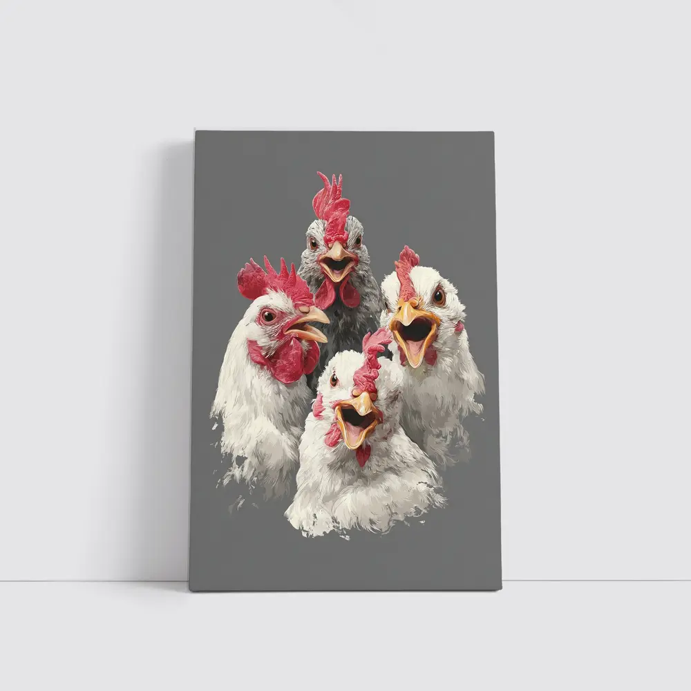 Four Expressive Chickens Portrait Gray Background – Wall Art