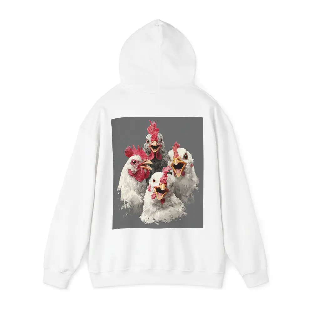 Four Expressive Chickens Portrait Gray Background – Hoodies