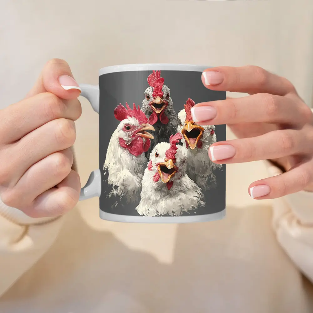 Four Expressive Chickens Portrait Gray Background – Mugs