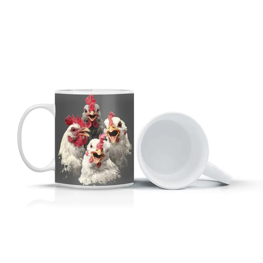 Four Expressive Chickens Portrait Gray Background – Mugs