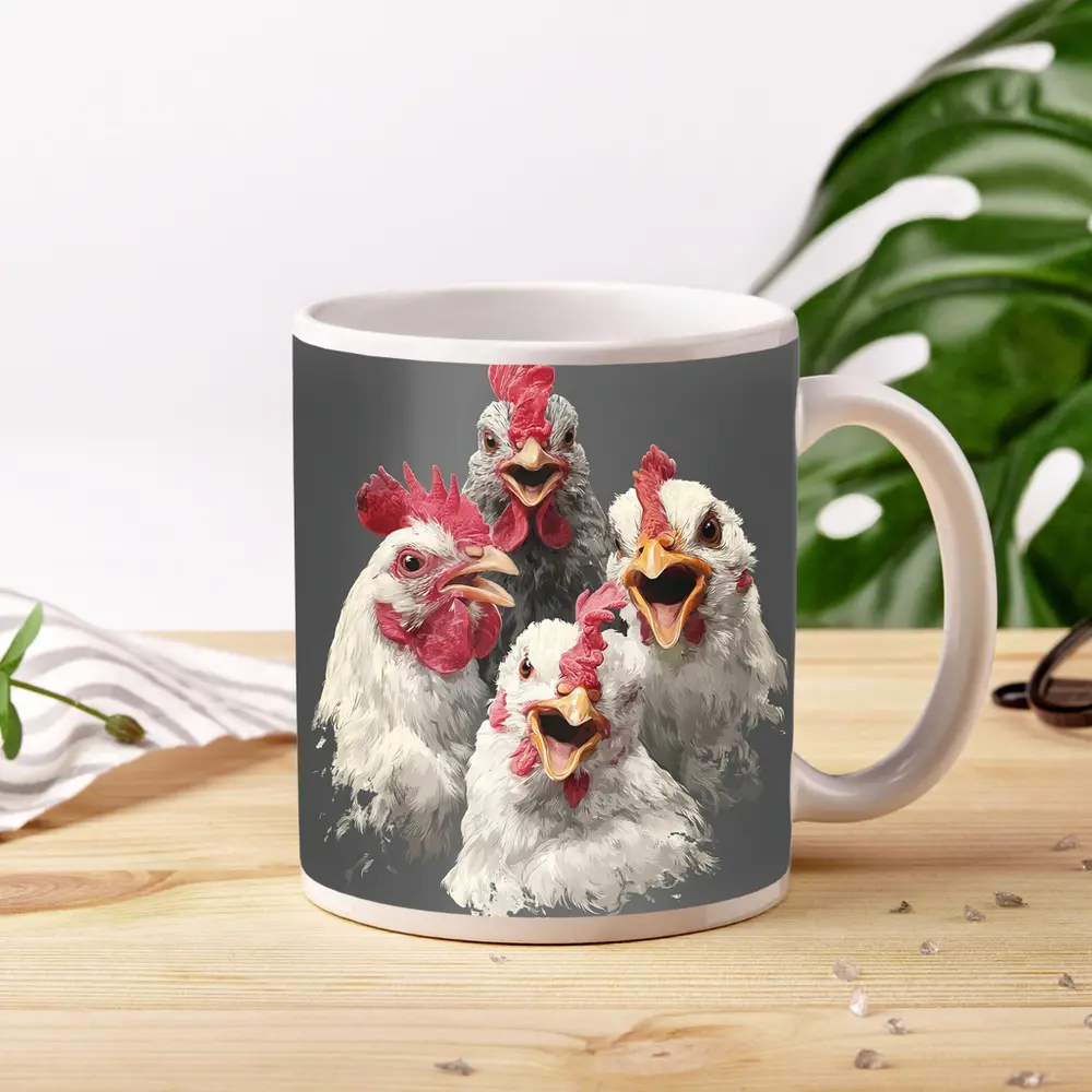 Four Expressive Chickens Portrait Gray Background – Mugs